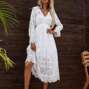 White lace ankle length dress.